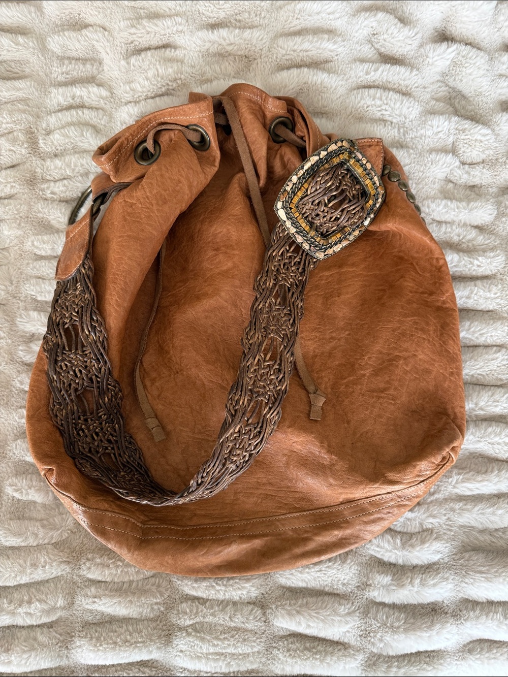 Leather Rock Cognac Drawstring Hobo Bag with Woven Strap